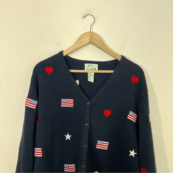 Quacker Factory American Flag Heart Stars Navy Blue Cardigan Size 1X - Picture 3 of 11